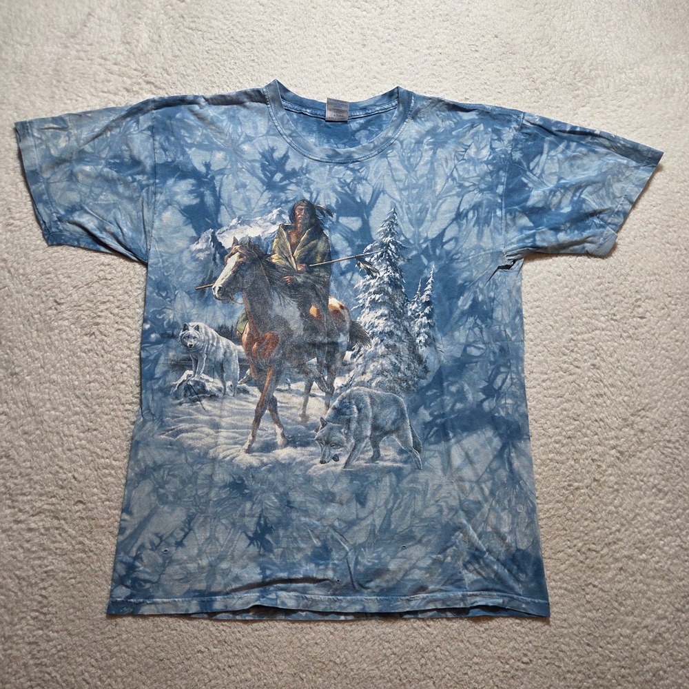 Vintage 90s T-Shirt Men Large Blue Tie Dye Native American Wolf Nature
